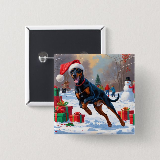 Dobermann läuft im Schnee mit Weihnachtsmütze Button (Vorne & Hinten)
