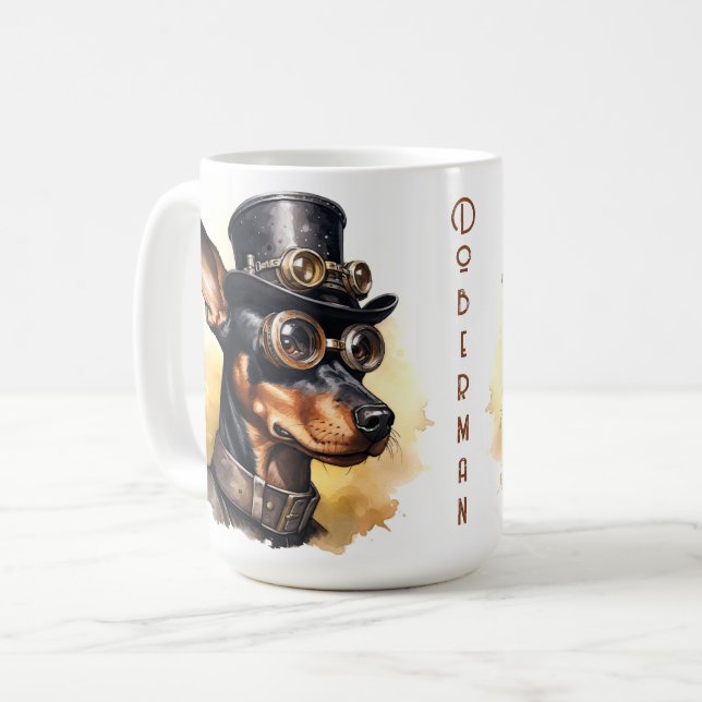 Dobermann Pinscher Steampunk Hund Kaffeetasse (Vorderseite Links)