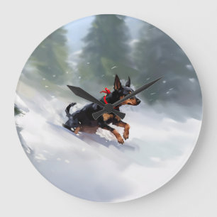 Dobermann Pinscher Weihnachten Schnee Winter Große Wanduhr