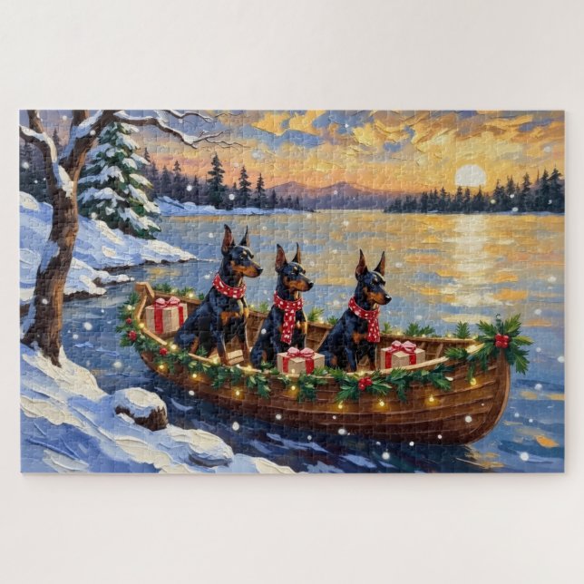 Dobermann Pinscher Weihnachtsboot Feiertage Puzzle (Horizontal)