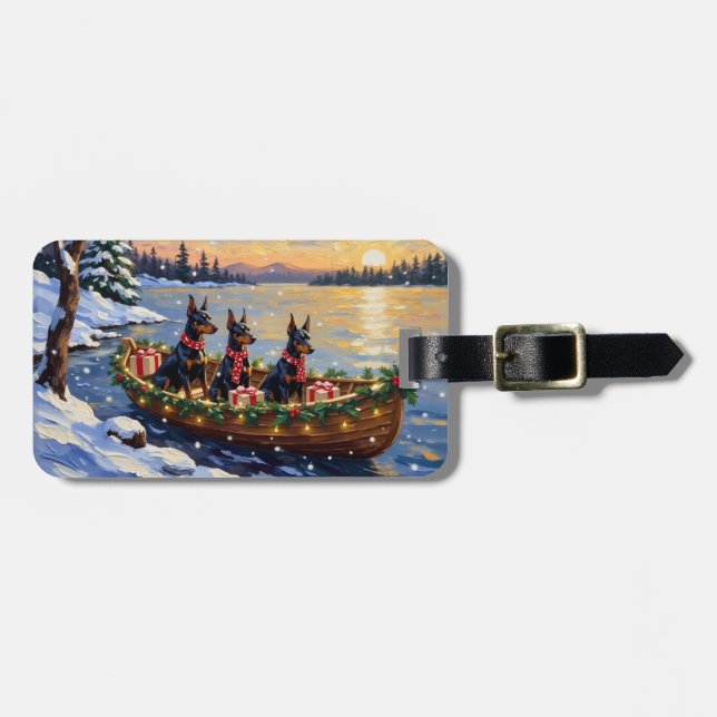 Dobermann Pinscher Weihnachtsboot Urlaub Gepäckanhänger (Vorderseite horizontal)