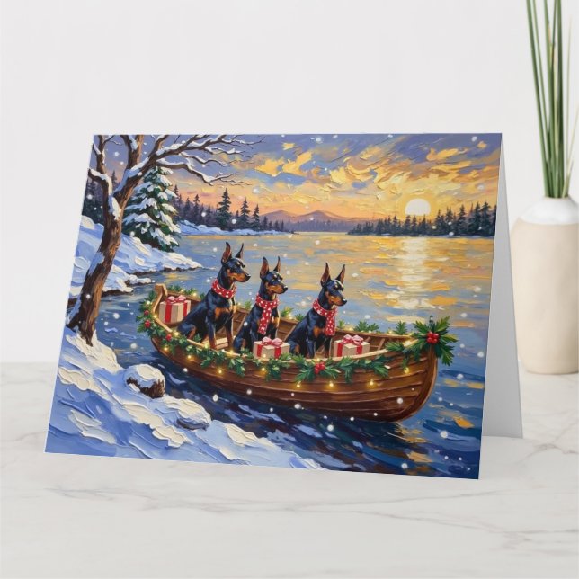 Dobermann Pinscher Weihnachtsboot Urlaub Karte (Vorderseite)
