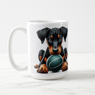 Dobermann Pinscher Welpe hält einen Ball Kaffeetasse