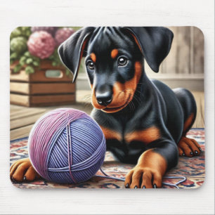 Dobermann Pinscher Welpe mit Wollknäuel auf einem Mousepad