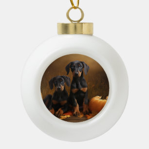 Dobermann-Welpe Herbstfreude Kürbis Keramik Kugel-Ornament