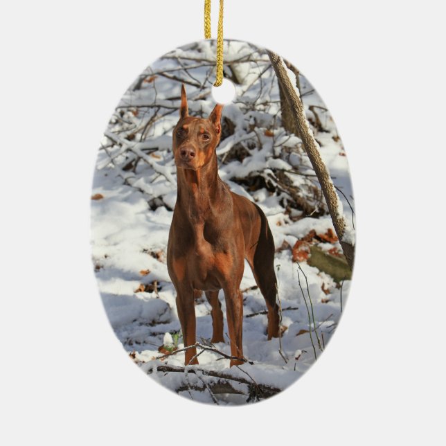 DobermannPinscher in der Schnee-Verzierung Keramikornament (Hinten)