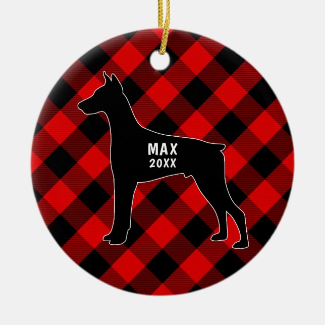 Dobermannpinscher-karierte Weihnachtsverzierung Keramik Ornament (Vorne)