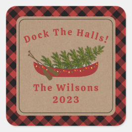 Dock The Halls Kanu Weihnachtsbaum Kariert Quadratischer Aufkleber