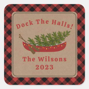 Dock The Halls Kanu Weihnachtsbaum Kariert Quadratischer Aufkleber