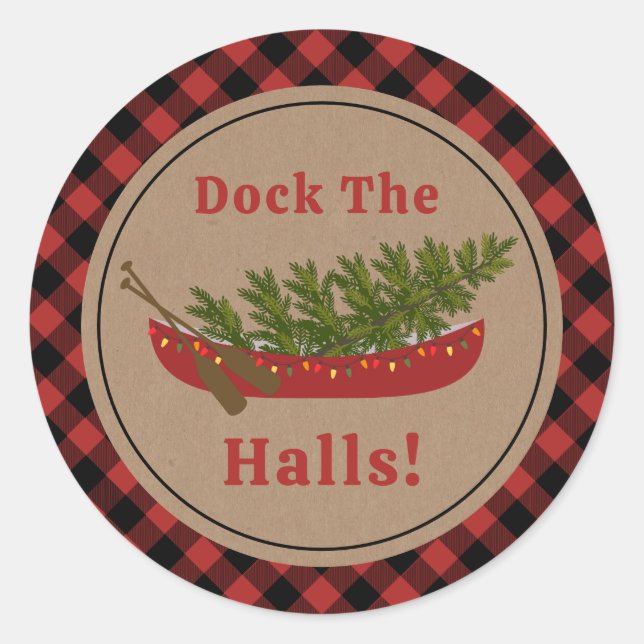 Dock The Halls Kanu Weihnachtsbaum Kariert Runder Aufkleber (Vorderseite)