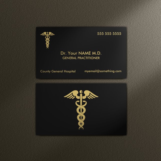 Doctor Caduceus Black and Gold Visitenkarte (Medical Doctor Business Cards)