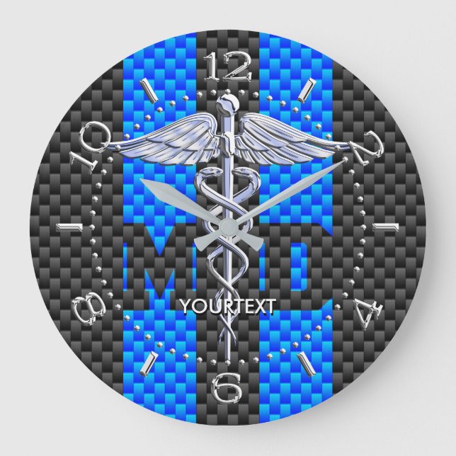 Doctor MD Caduceus Personalisiert Style Blue Carbo Große Wanduhr (Vorderseite)