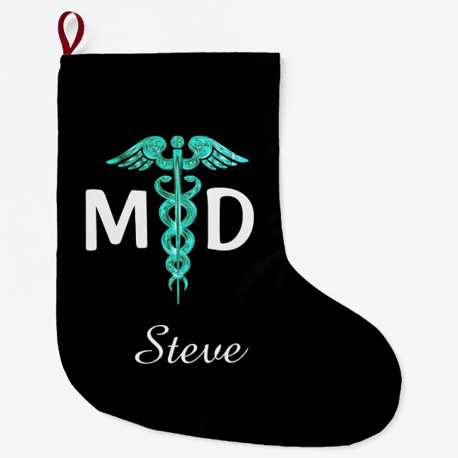 Doctor MD Caduceus Symbol Medizinisches Türkis Sch Großer Weihnachtsstrumpf (Vorderseite)