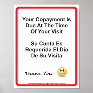 Doctor Office Copayment Wall Sign English Spanish Poster