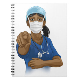 Doctor or Nurse Woman in Scrubs Uniform Pointing Notizblock