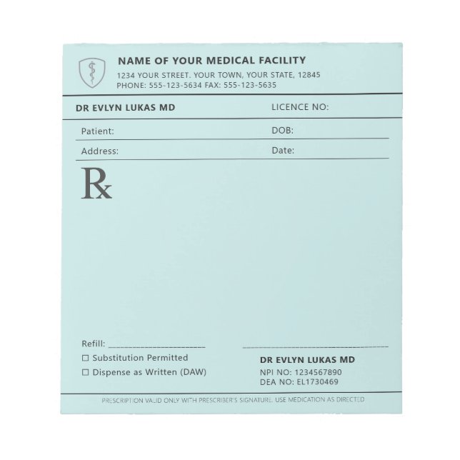 Doctor Prescription Editable Pastel Blue Medical Notizblock (Vorderseite)