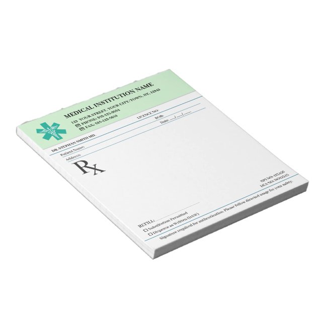 Doctor Prescription Medical RX Pad – Mint Green Notizblock (angewinkelt)