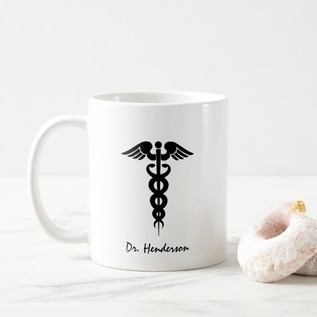 Doctor White Black Caduceus Personalisiert Kaffeetasse (Mit Donut)
