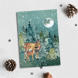 Doe and Fawn Deer Forest Full Moon Snowfall Feiertagskarte
