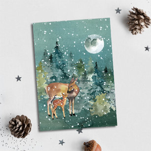 Doe and Fawn Deer Forest Full Moon Snowfall Feiertagskarte