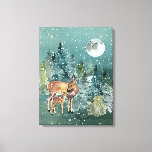 Doe and Fawn Deer Forest Full Moon Snowfall Leinwanddruck (Vorderseite)