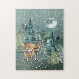Doe and Fawn Deer Forest Full Moon Snowfall Puzzle