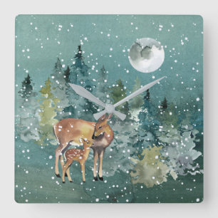 Doe and Fawn Deer in Forest Full Moon Snowfall Quadratische Wanduhr