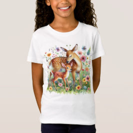 Doe Deer and Fawn Stehend in Wildblumen Kinder T-Shirt