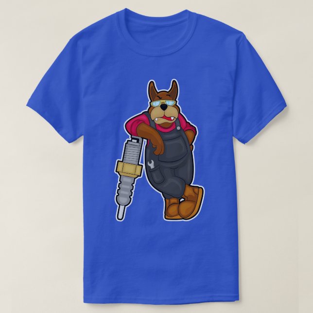 Dog als Mechaniker mit Spark-Stecker T-Shirt (Design vorne)