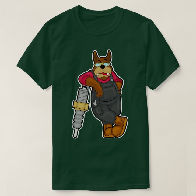 Dog als Mechaniker mit Spark-Stecker T-Shirt (Design vorne)
