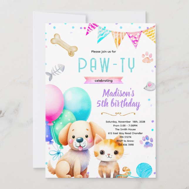 Dog and Cat Birthday Invitation Einladung (Vorderseite)