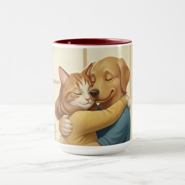 Dog and Cat Hug Wrap-Around Two-Tone Mug Tasse (Zentrum)