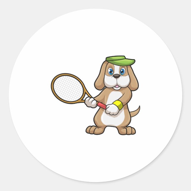 Dog at Tennis with Tennis racket & Cap Runder Aufkleber (Vorderseite)