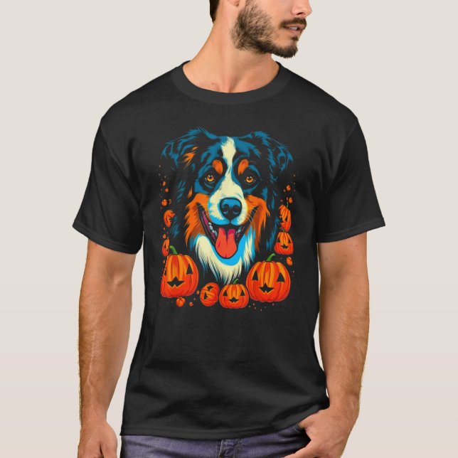 Dog Australian Shepherd Niedlich Halloween Pumpkin T-Shirt (Vorderseite)