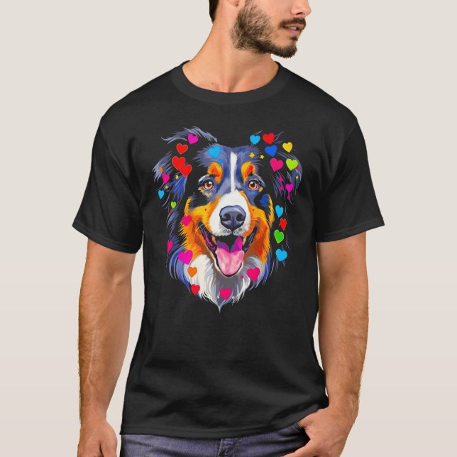 Dog Australian Shepherd Red Blue Pink Heart T-Shirt (Vorderseite)
