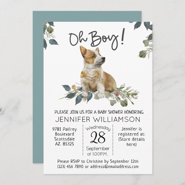Dog Baby Shower Oh Boy! Corgi Puppy Einladung (Vorne/Hinten)