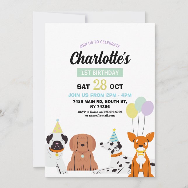Dog Birthday Invite Girl Boy Party Pawty Fun Einladung (Vorderseite)