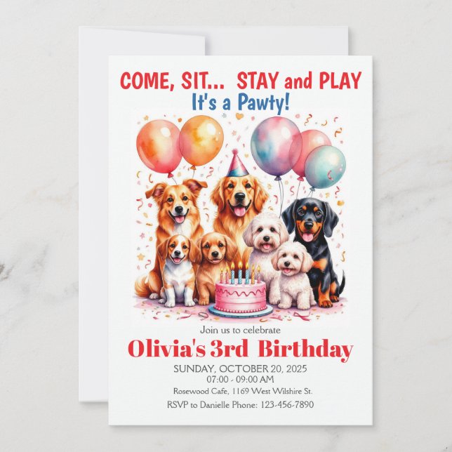 Dog Birthday Party Cute Puppy Kids Party Einladung (Vorderseite)
