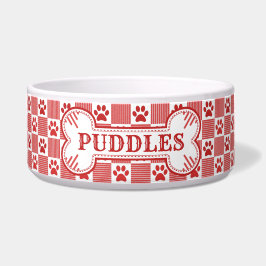 Dog Bone Name Red Paw Print Gingham | PERSONALISIE Napf