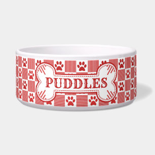Dog Bone Name Red Paw Print Gingham PERSONALISIE Napf