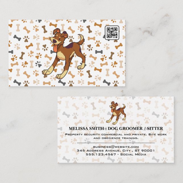 Dog Bones Paws Muster | Happy Doggie | QR-Code Visitenkarte (Vorne/Hinten)