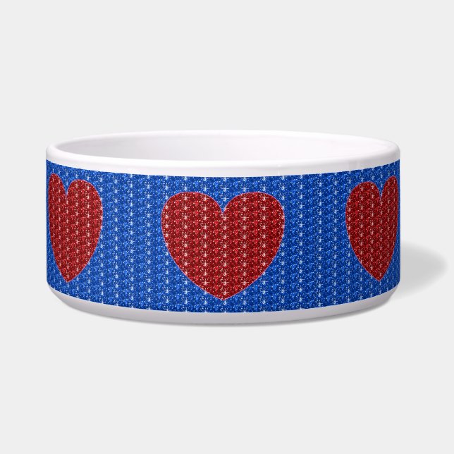 Dog Bowl Blue Red Heart Glitzer Napf (Vorderseite)