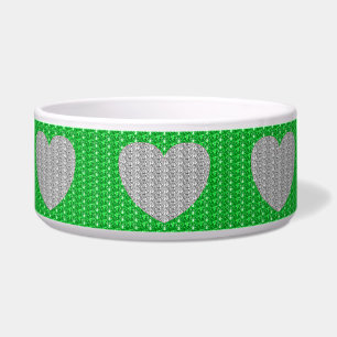 Dog Bowl Silver Green Heart Glitzer Napf