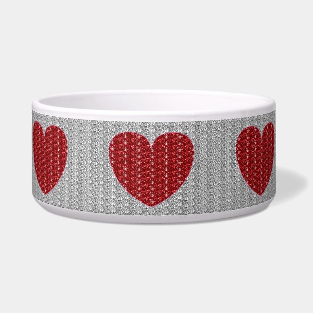 Dog Bowl Silver Red Heart Glitzer Napf (Vorderseite)