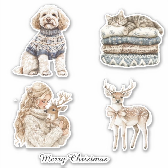 Dog Cat Deer Girl Christmas Aufkleber (Vorderseite)