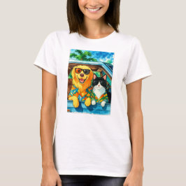 Dog & Cat Vacation Duo – Tropical Road Trip Art T-Shirt