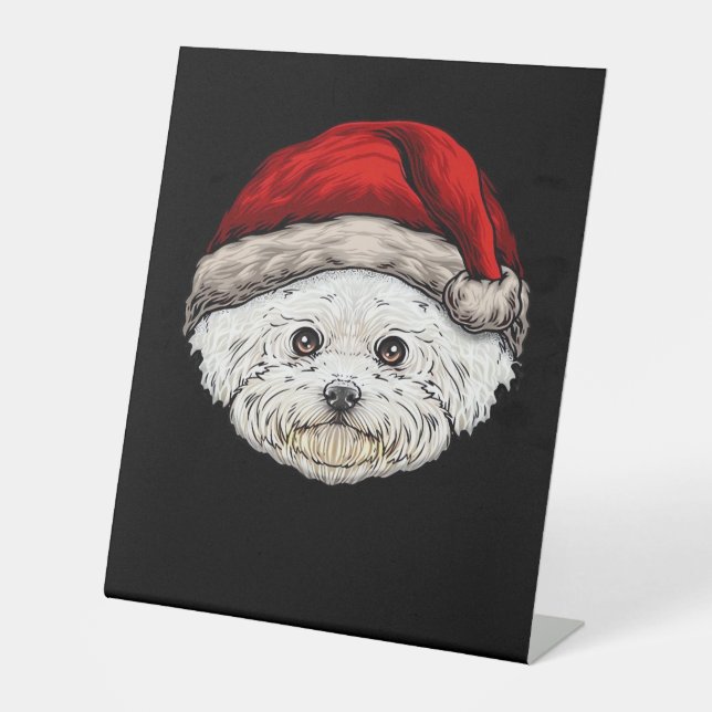 Dog Christmas Bichon Santa Hat On A Bichon Frise E Sockelschild (Vorderseite)