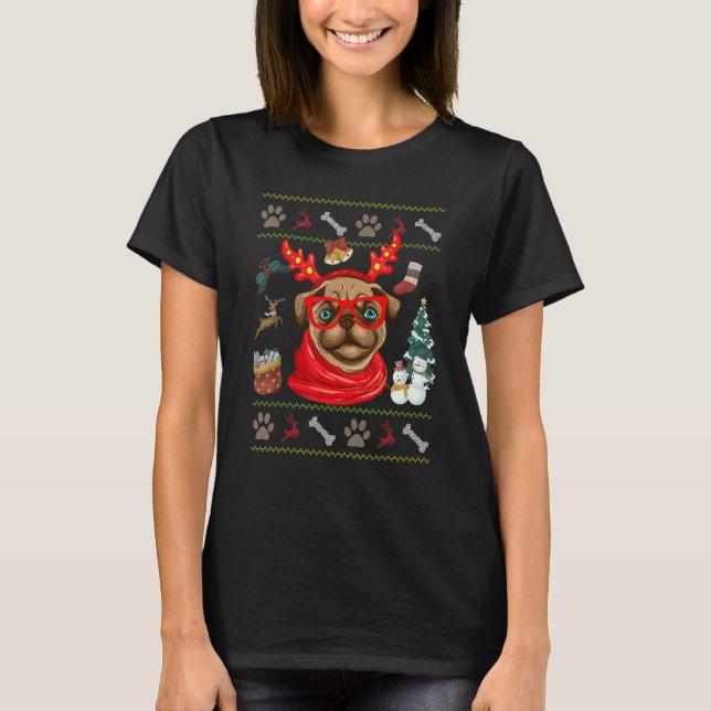Dog  Cute Pug Reindeer Antlers Ugly Christmas T-Shirt (Vorderseite)