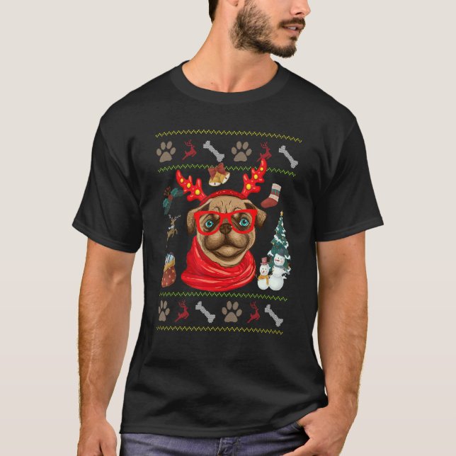 Dog  Cute Pug Reindeer Antlers Ugly Christmas T-Shirt (Vorderseite)