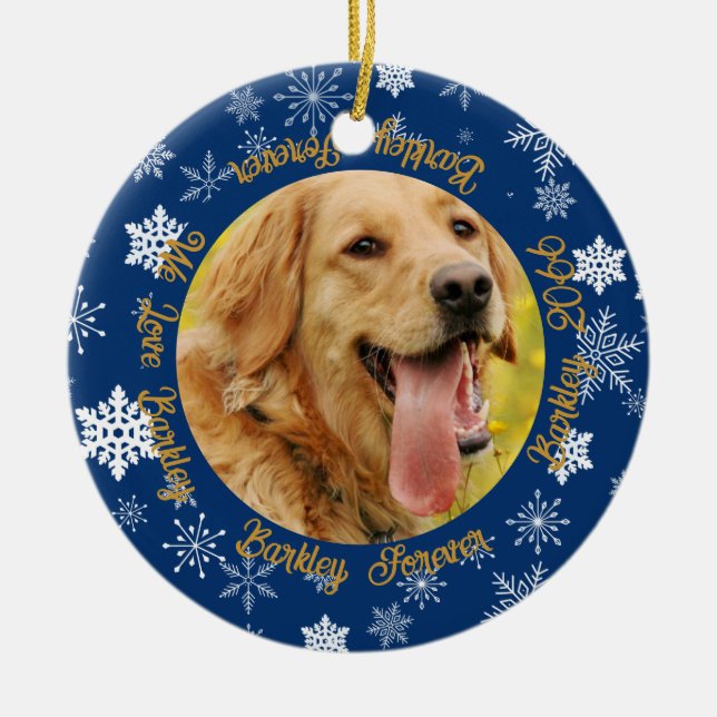 Dog Dann und Jetzt 2 Foto Blue Snowflake Keramik Ornament (Vorne)